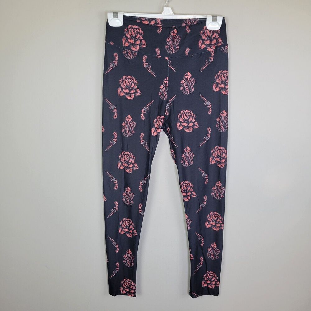 Roses and Guns Polyester Spandex Wide Waistband Ankle Leggings One Size Fits All
